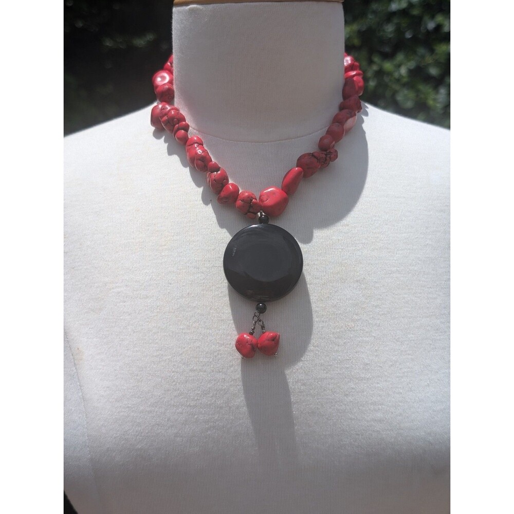 Handcrafted Red Coral Necklace Black Tassel Statement Tribal Boho Festival 18"